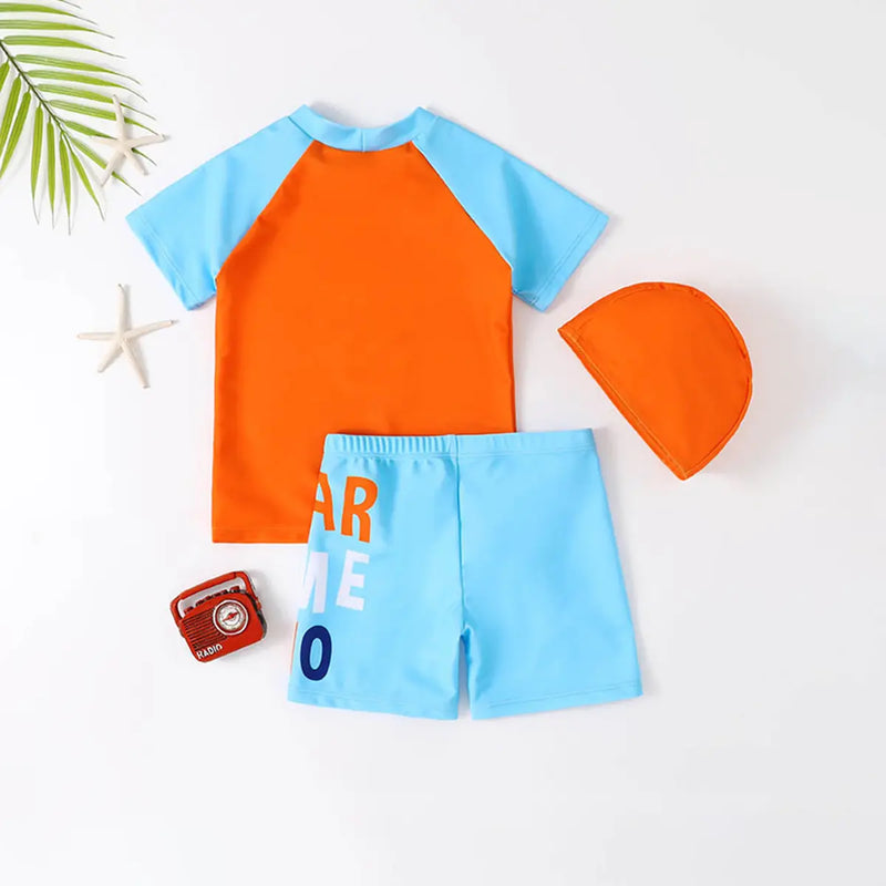 Boys Orange Dinosaur Print T-Shirt With Shorts & Swim Cap Swimwear Sets Beachwear