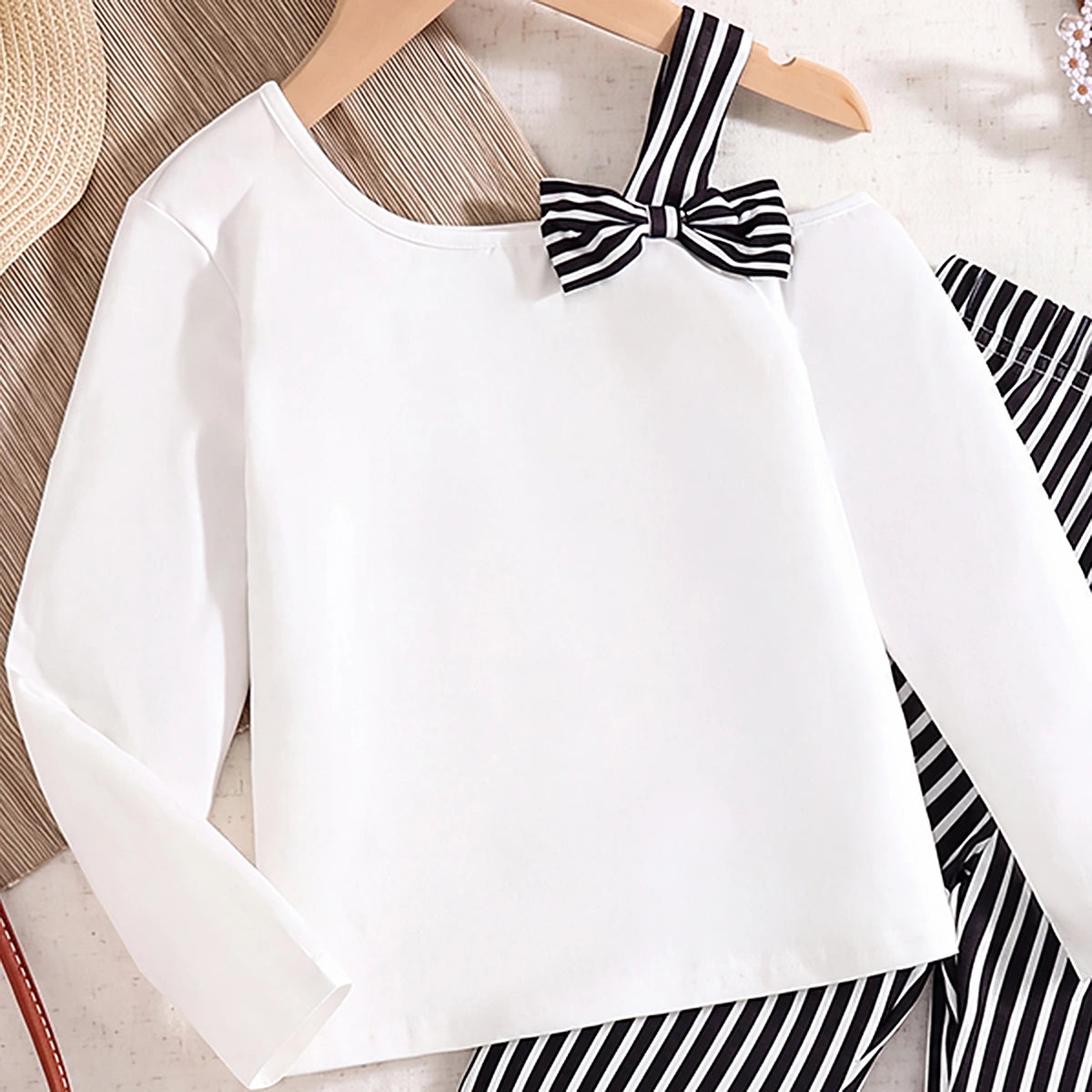 Girls White Long Sleeve Top With Striped Pants Sets 2 pc. Sets
