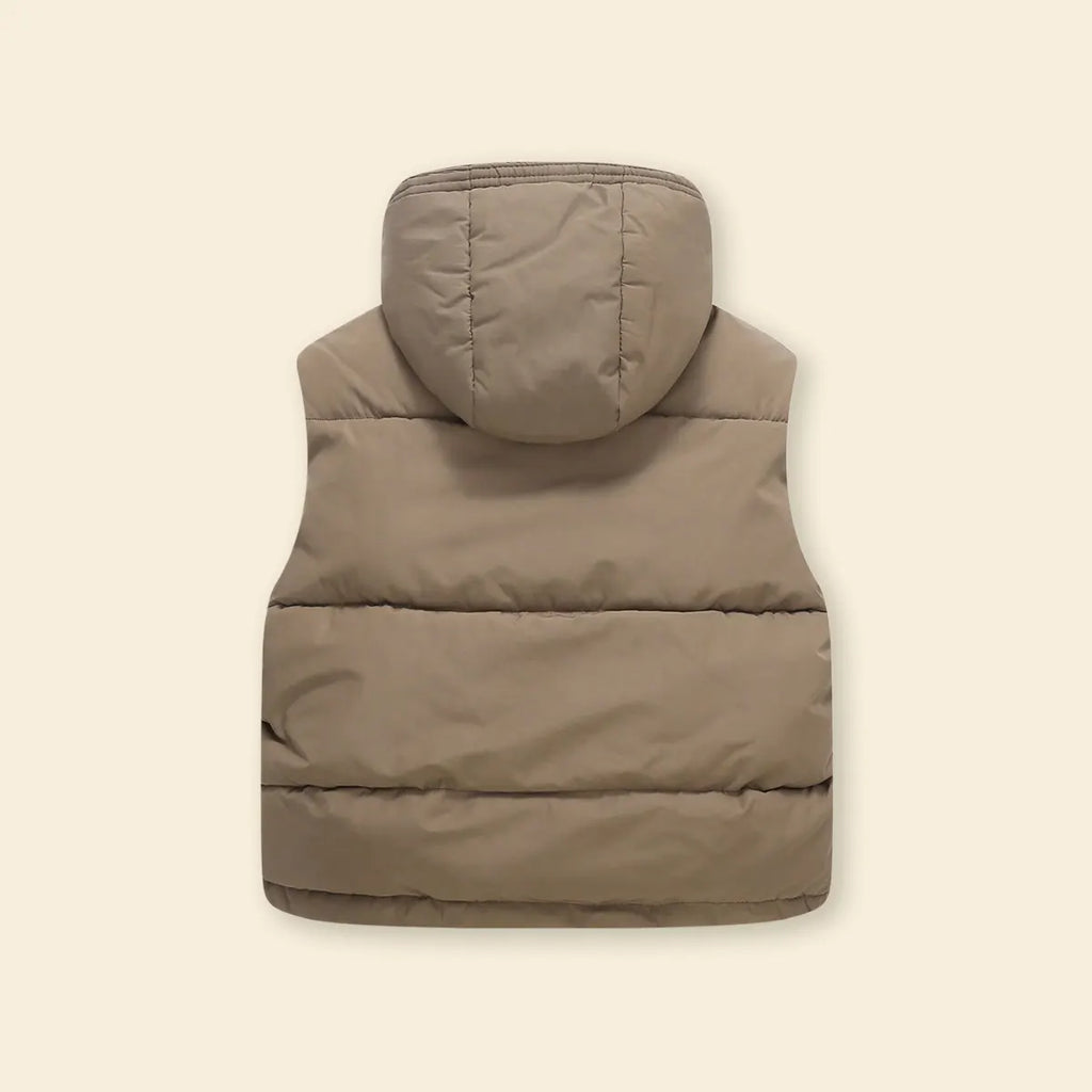 Girls Brown Hooded Sleeveless Zip-up Puffer Vest Coats & Jackets