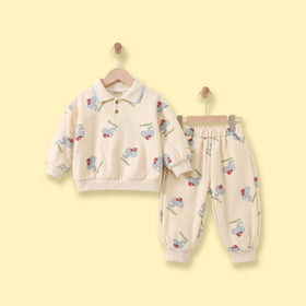 Boys Beige Printed Polo Sweatshirt & Joggers Co-ord Sets Sets Beige 1-2 Y