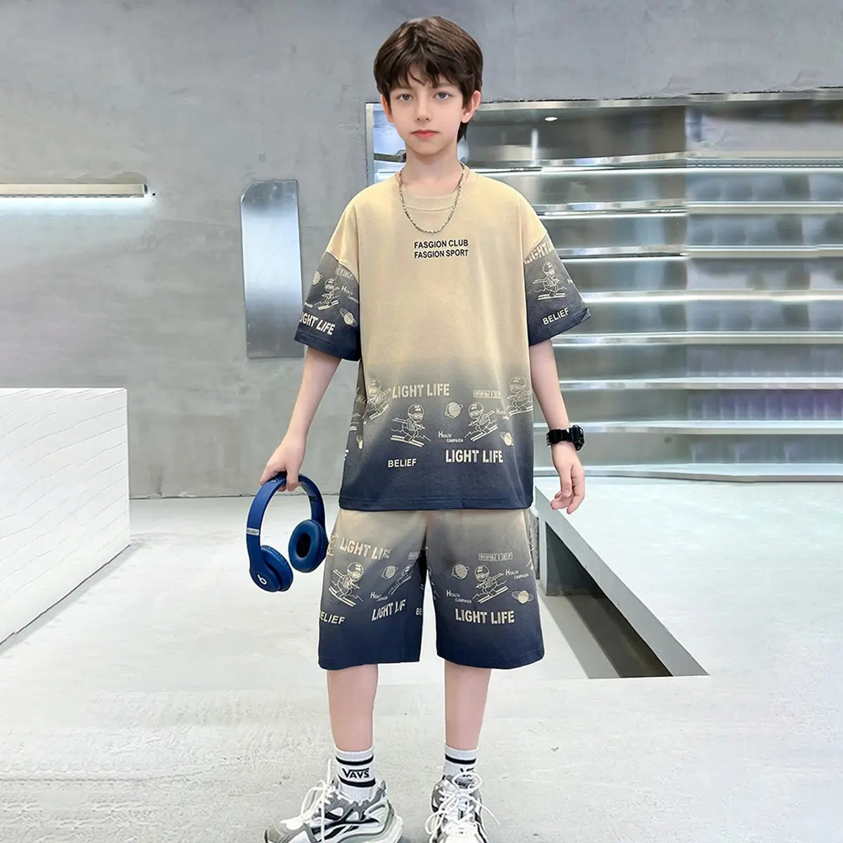 Boys Khaki Ombre Print Short Sleeves T-Shirt With Shorts Co-ord Sets Sets Khaki 5-6 Y
