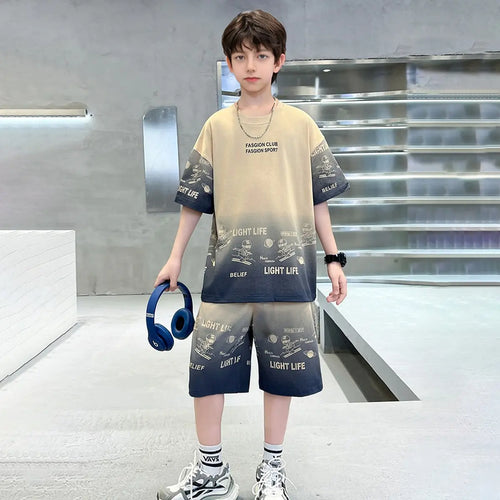 Boys Khaki Ombre Print Short Sleeves T-Shirt With Shorts Co-ord Sets Sets Khaki 5-6 Y