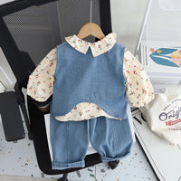 Girls Light Blue Denim Vest With Printed Top & Denim Pants Set Sets