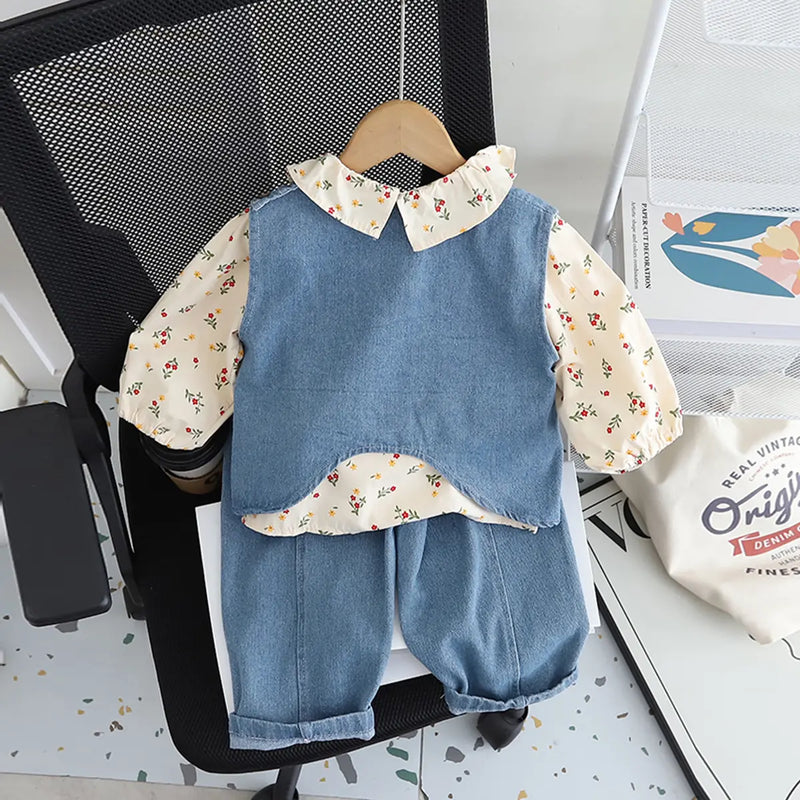 Girls Light Blue Denim Vest With Printed Top & Denim Pants Set Sets