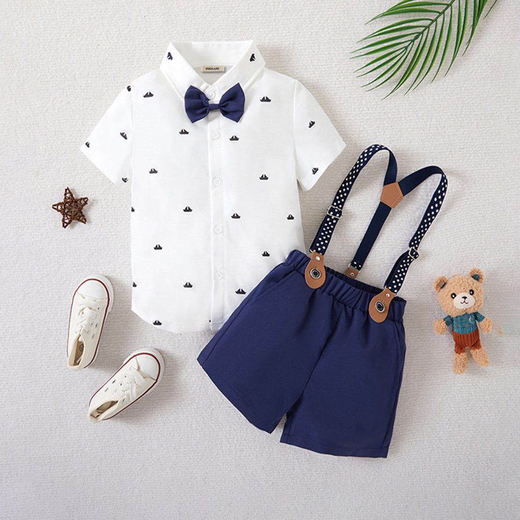 Boys Short Sleeve Printed Shirt With Navy Suspender Shorts Set 2 pc. Sets Navy Blue 1-2 Y