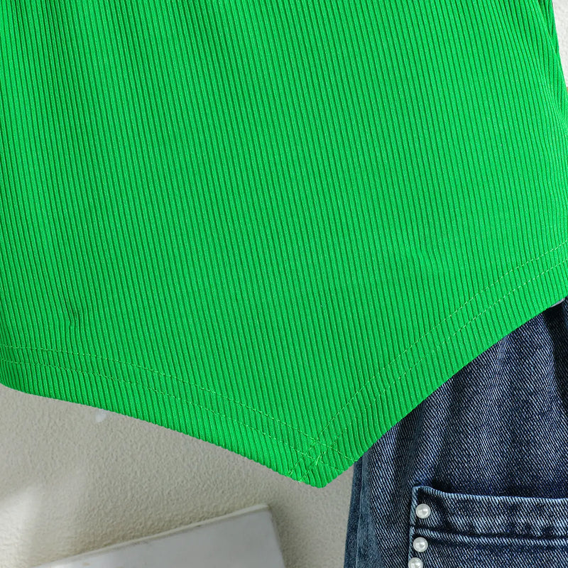 Girls Green Embellished Ribbed Sleeveless Top With Denim Skirt Sets Sets