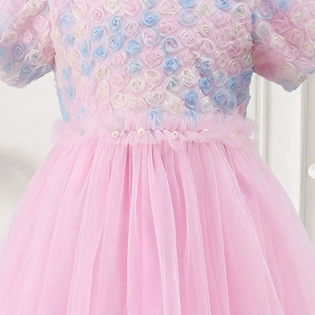 Girls Pink Floral Tulle Overlay Fit & Flare Dress With Puff Sleeves Casual Dresses