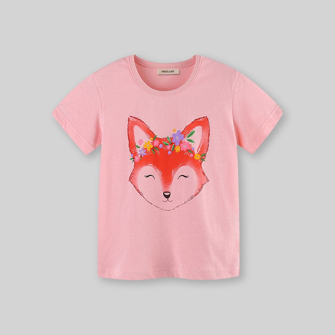 Girls Fox Print Short Sleeves Casual T-shirt Tshirts   