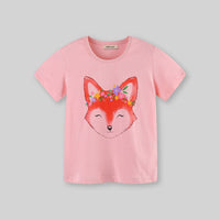 Girls Fox Print Short Sleeves Casual T-shirt Tshirts   