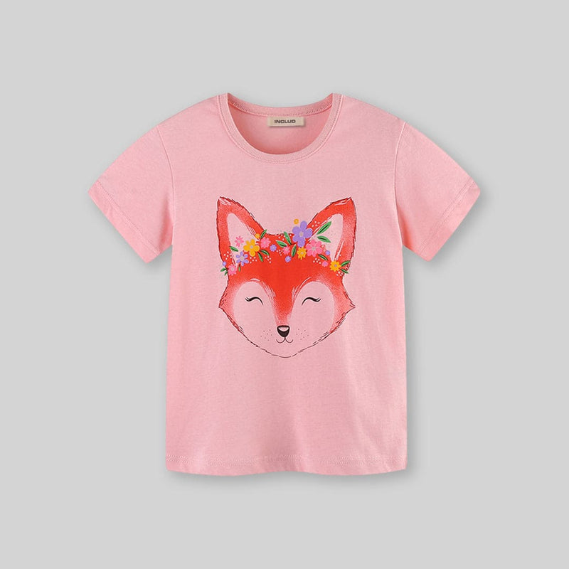 Girls Fox Print Short Sleeves Casual T-shirt Tshirts   
