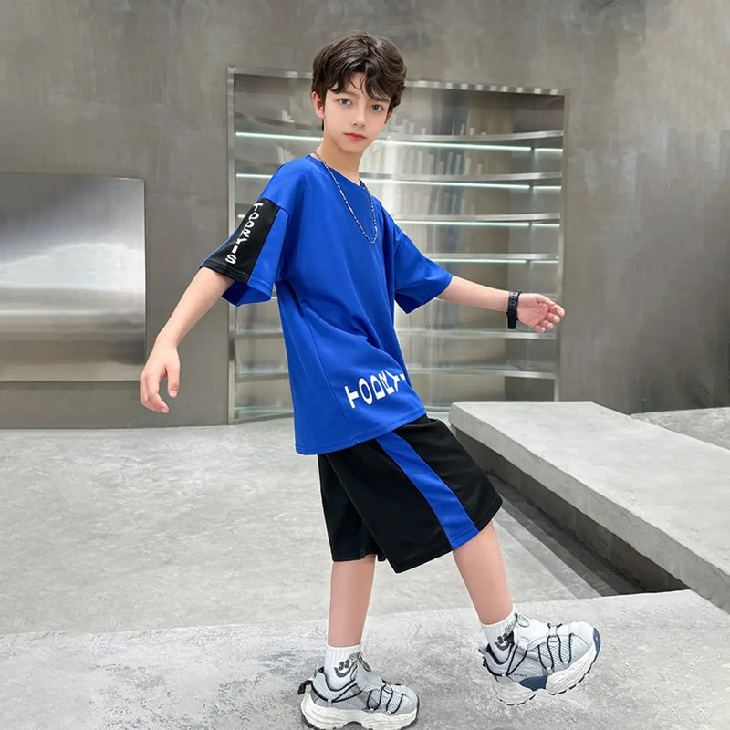 Boys Royal Blue Typographic Printed Oversized T-Shirt With Shorts Sets Sets