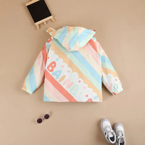 Girls Pink Diagonal Stripe Printed Hooded Zipper Jacket Coats & Jackets
