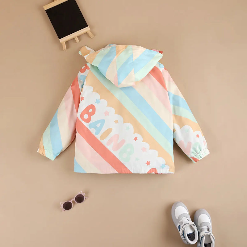 Girls Pink Diagonal Stripe Printed Hooded Zipper Jacket Coats & Jackets