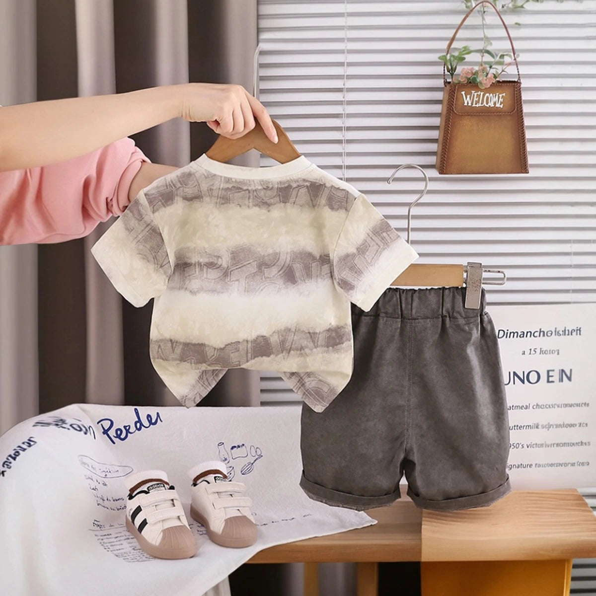 Boys Beige Headphone Graphic Printed Short Sleeve T-Shirt With Shorts Sets 2 pc. Sets