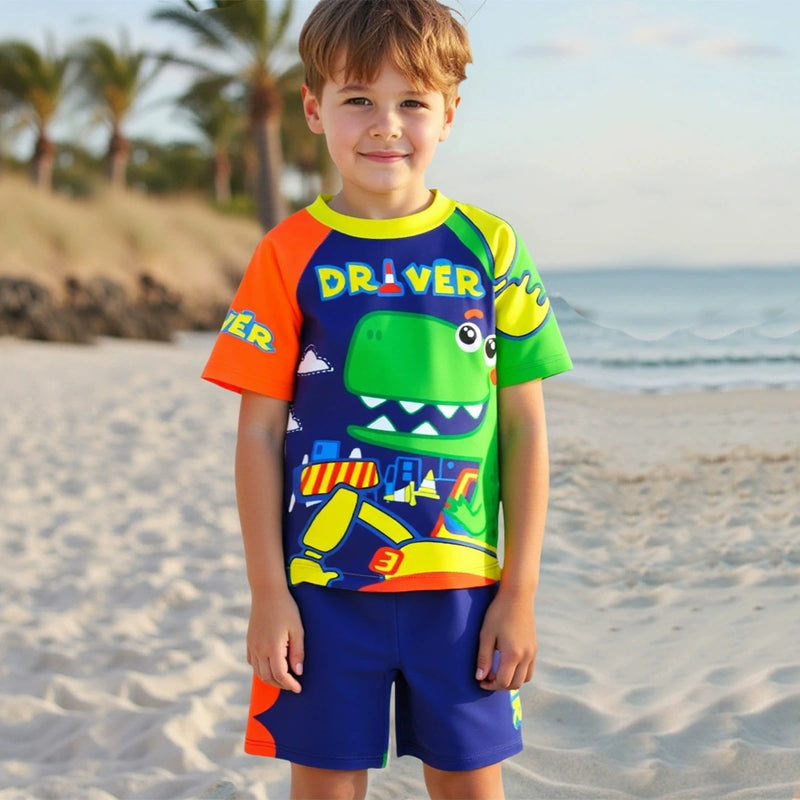 Boys Blue Dinosaur Printed T-Shirt With Shorts & Cap Swimwear Sets Sets