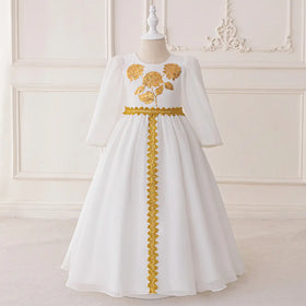 Girls White Long Sleeves Maxi Dress With Floral Embroidery Casual Dresses White 3-4 Y