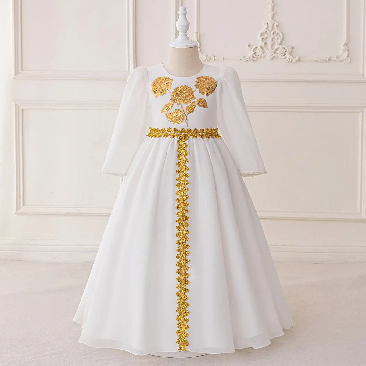 Girls White Long Sleeves Maxi Dress With Floral Embroidery Casual Dresses White 3-4 Y