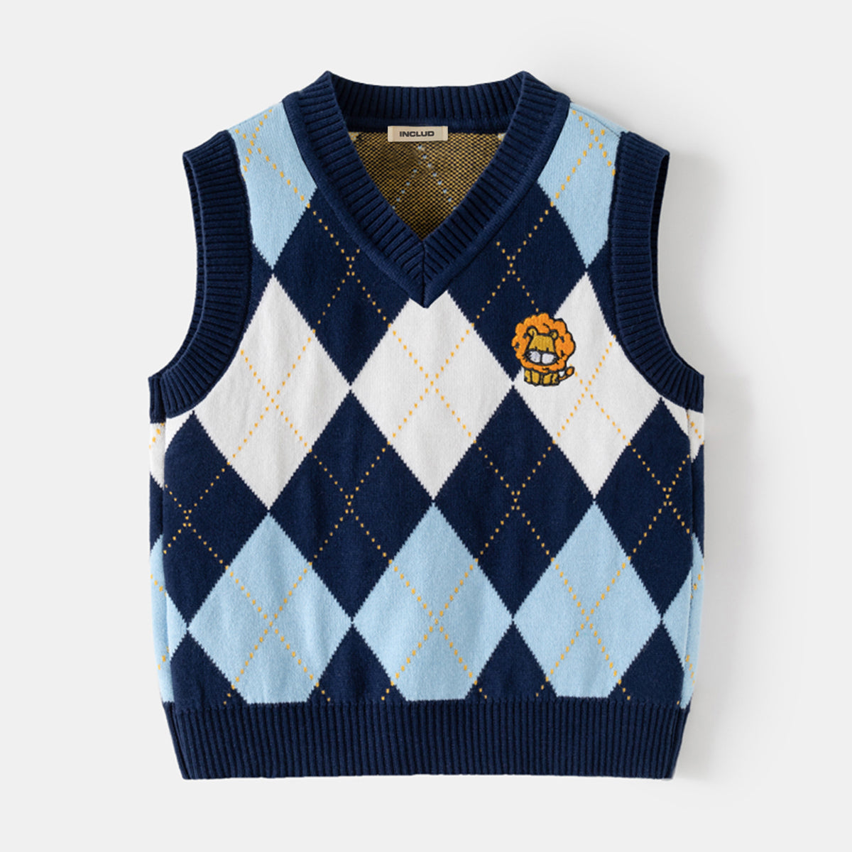 Boys Multicolor Sweater Vest With Self-Design Diamond Patterns Sweaters & Cardigans