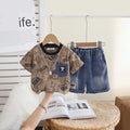Boys Brown Typographic Print T-Shirt With Distressed Denim Shorts Set Sets Brown 1-2 Y