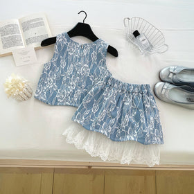Girls Blue Floral Lace Sleeveless Top With Skirt Sets 2 pc. Sets
