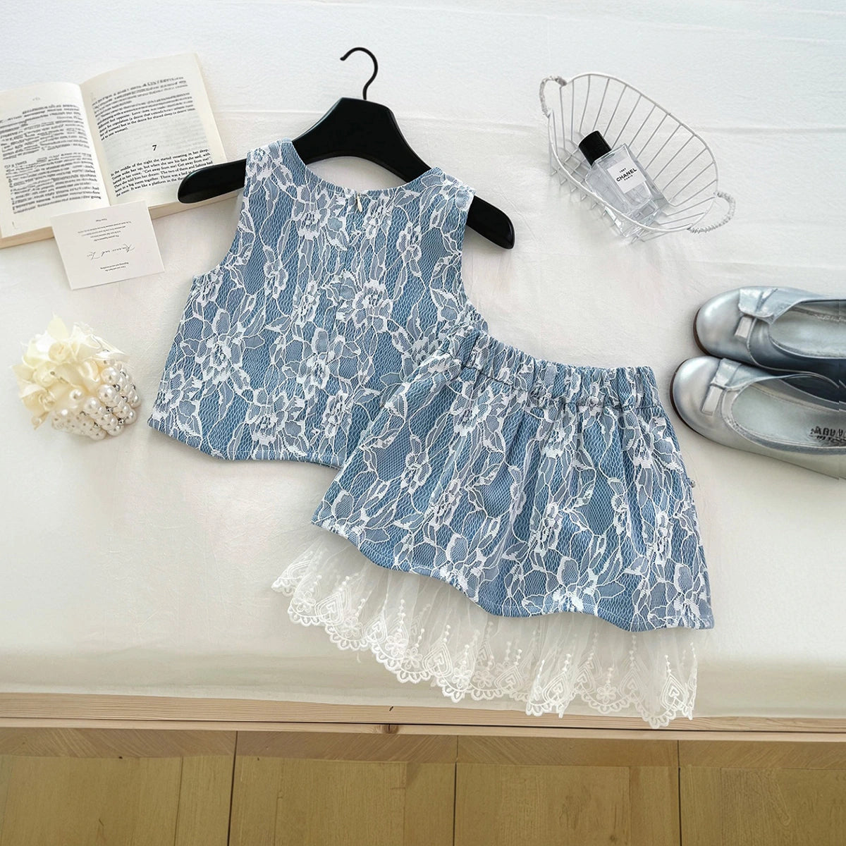Girls Blue Floral Lace Sleeveless Top With Skirt Sets 2 pc. Sets