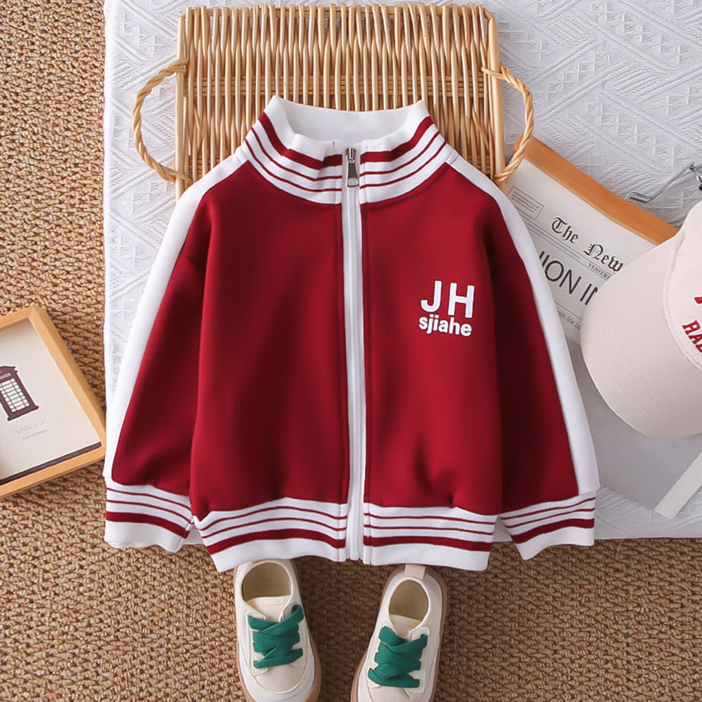 Boys Red Typographic Printed Front Open Jacket With T-Shirt & Joggers Set Sets
