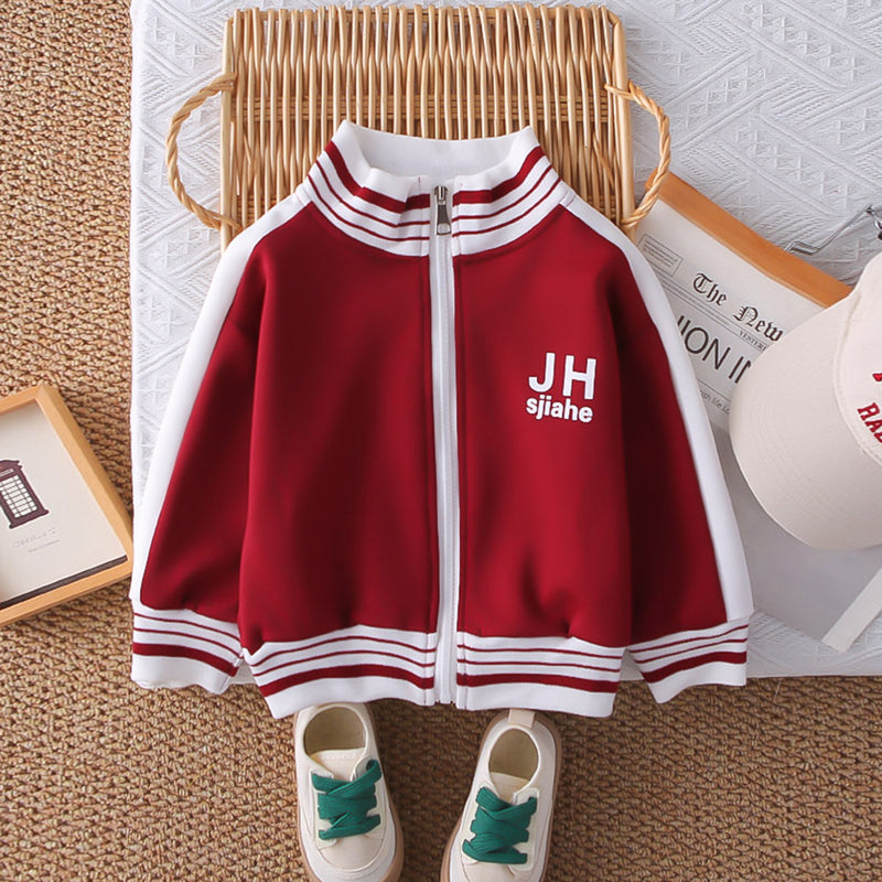 Boys Red Typographic Printed Front Open Jacket With T-Shirt & Joggers Set Sets