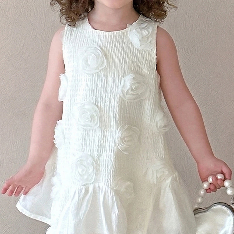 Girls Off White Floral Applique Sleeveless A-Line Dress Casual Dresses