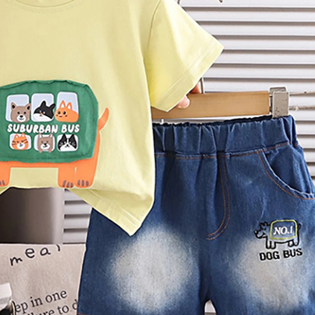 Boys Lime Yellow Graphics T-Shirt With Denim Shorts Set Sets