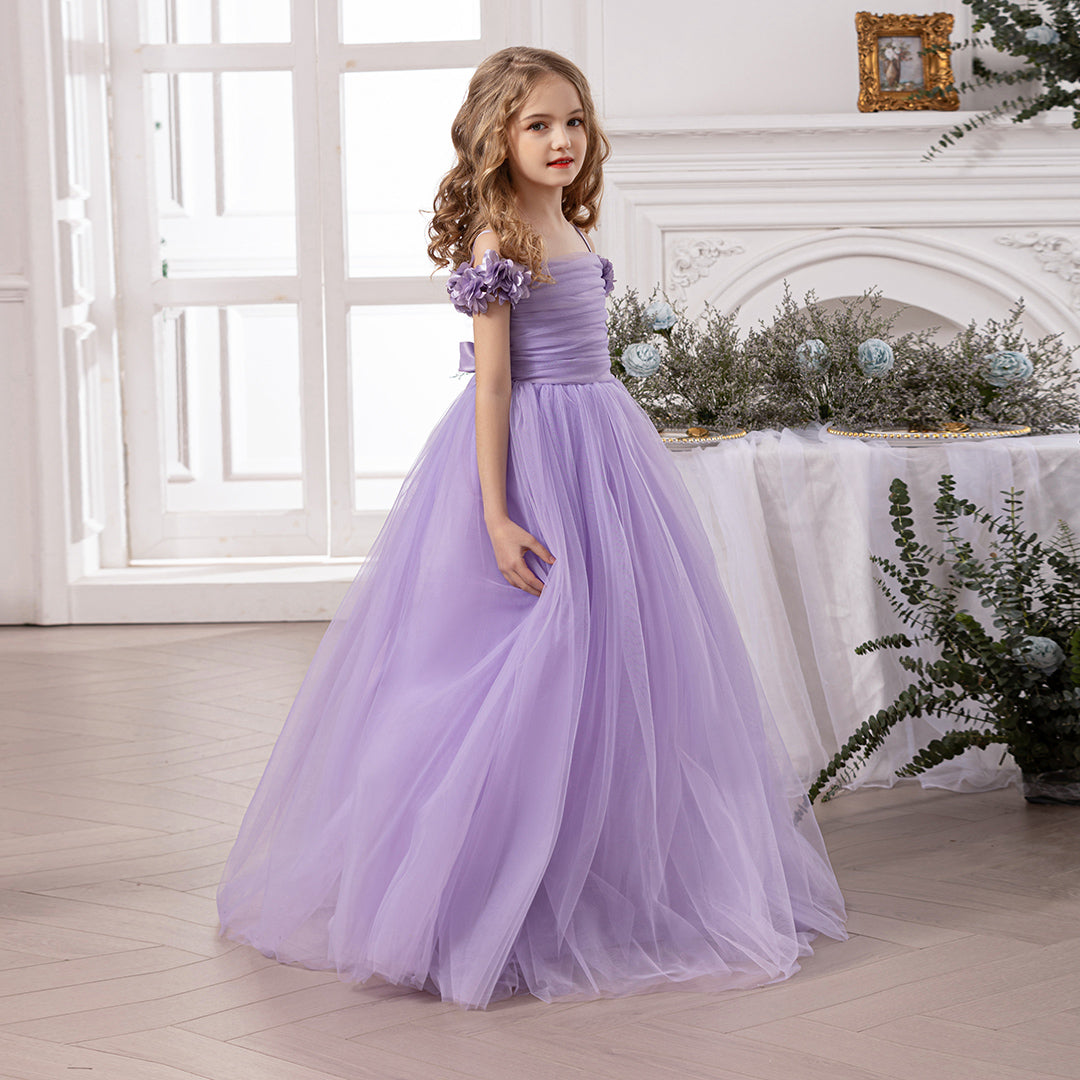 Girls Lavender Gathered Off-Shoulder Tulle Party Gown Party Dresses