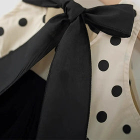 Girls Black Polka Dot Print Sleeveless Dress With Straw Sun Hat Casual Dresses