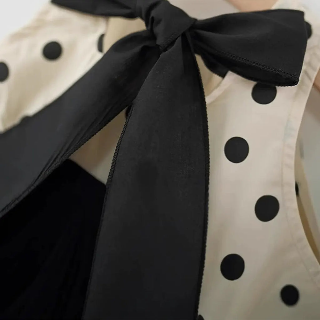 Girls Black Polka Dot Print Sleeveless Dress With Straw Sun Hat Casual Dresses