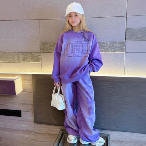 Girls Purple Typographic Printed Winter Sweatshirt With Pants Sets 2 pc. Sets Purple 5-6 Y
