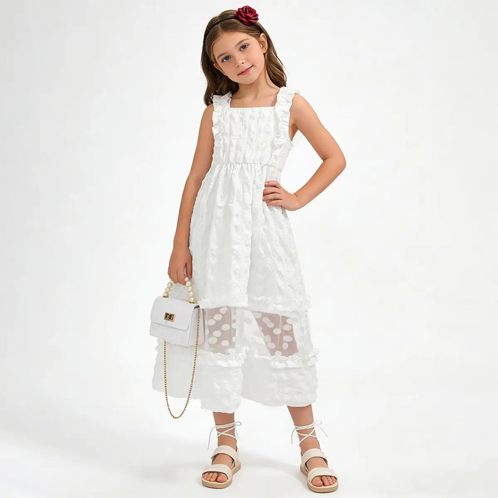 Girls White Sleeveless A-line Midi Dress With Ruffle Details Casual Dresses
