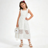 Girls White Sleeveless A-line Midi Dress With Ruffle Details Casual Dresses
