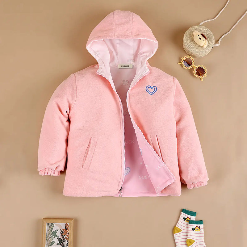 Girls Pink Heart Printed Reversible Hooded Zipper Jacket Coats & Jackets
