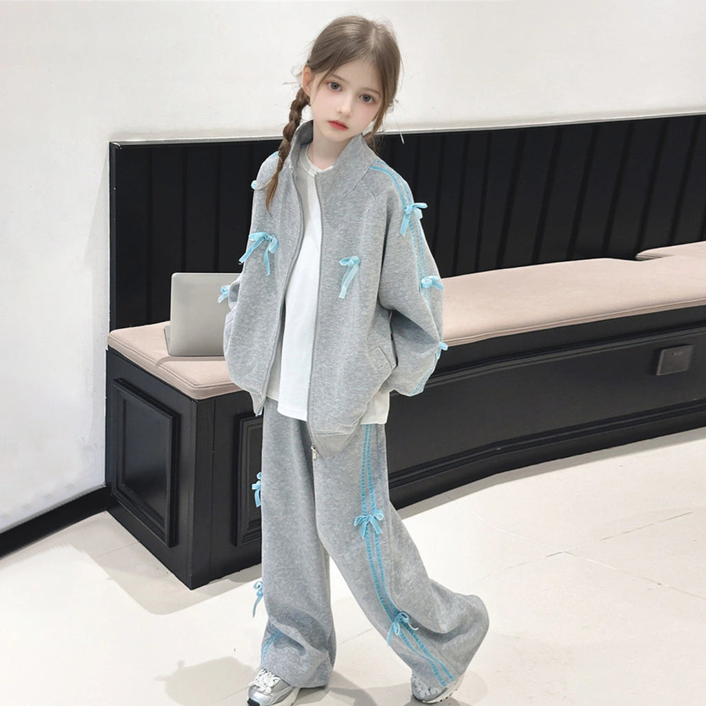 Girls Grey Bow Detailed Oversized Zip-up Jacket With Pants Co-ord Sets Sets