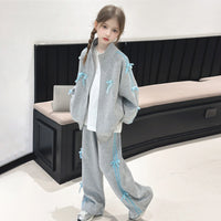 Girls Grey Bow Detailed Oversized Zip-up Jacket With Pants Co-ord Sets Sets