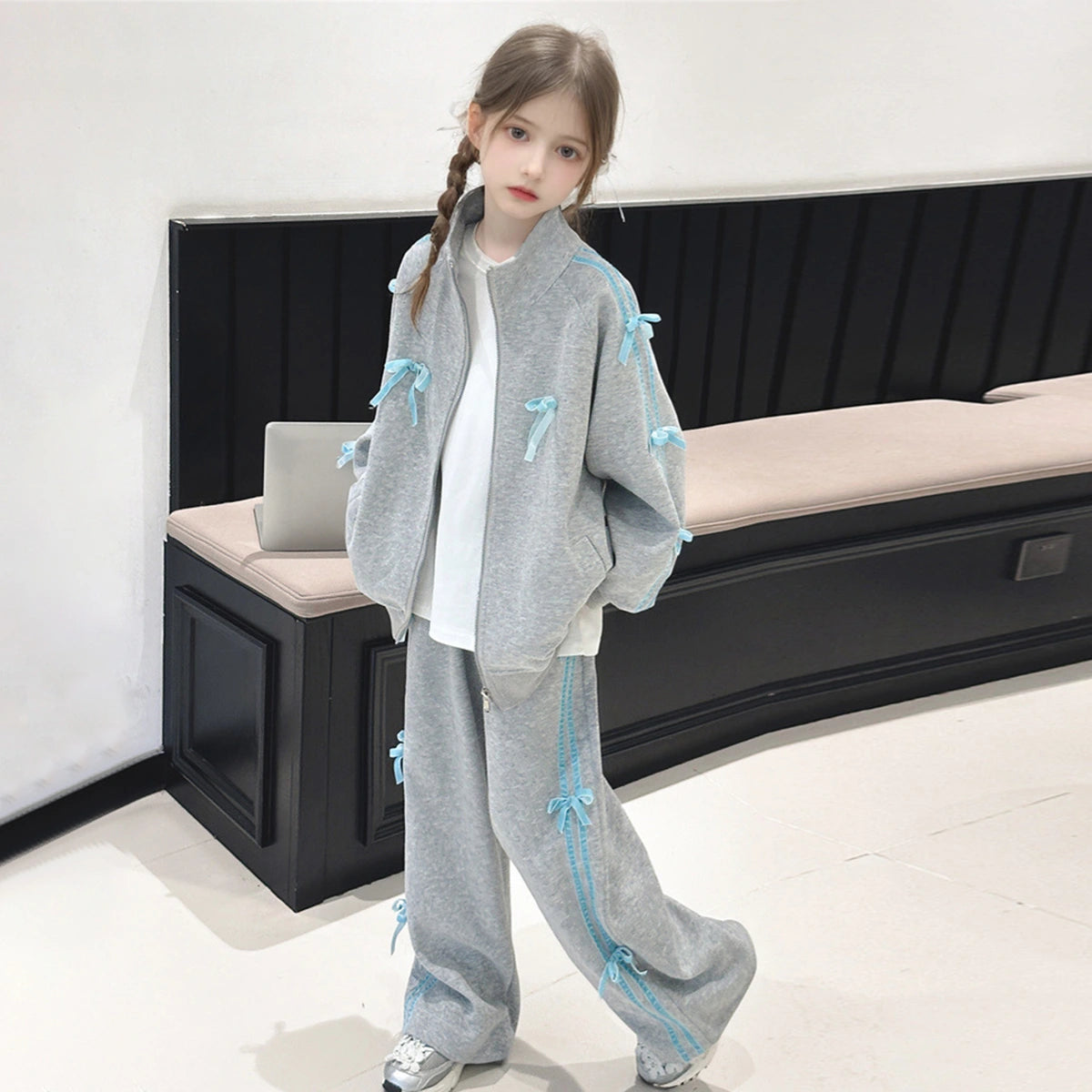 Girls Grey Bow Detailed Oversized Zip-up Jacket With Pants Co-ord Sets Sets