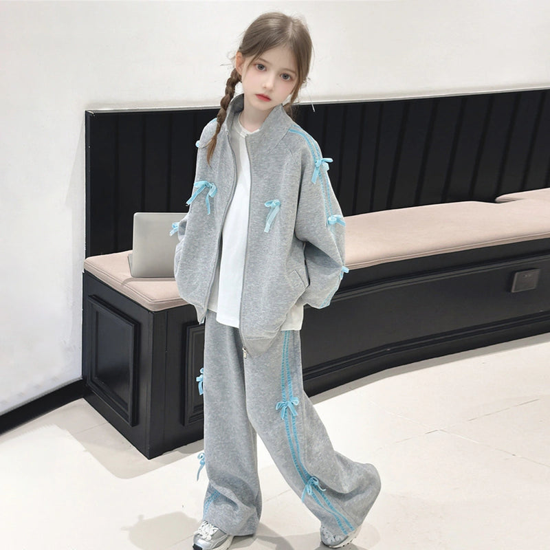 Girls Grey Bow Detailed Oversized Zip-up Jacket With Pants Co-ord Sets Sets