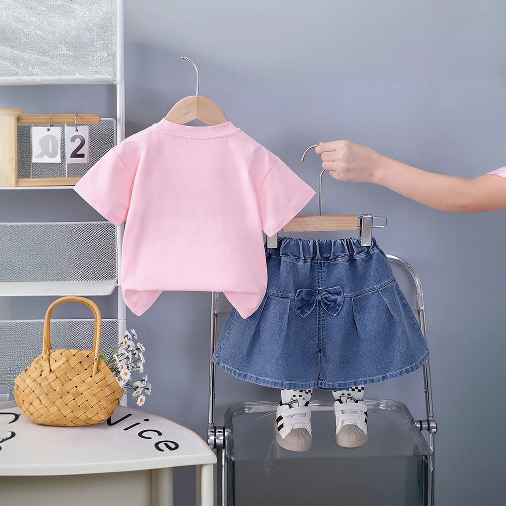 Girls Pink Floral Embellished T-Shirt With Pleated Denim Shorts Set Sets