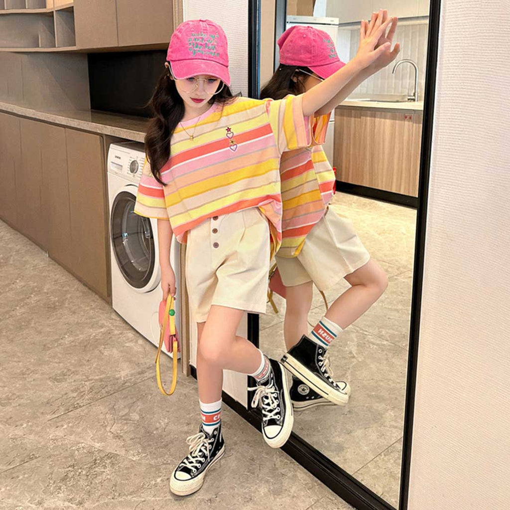 Girls Striped Short Sleeve T-Shirt With Shorts Set 2 pc. Sets   