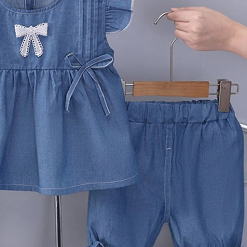 Girls Dark Blue Bow Applique Flutter Sleeve With Elasticated Shorts Sets 2 pc. Sets