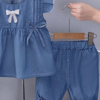 Girls Dark Blue Bow Applique Flutter Sleeve With Elasticated Shorts Sets 2 pc. Sets