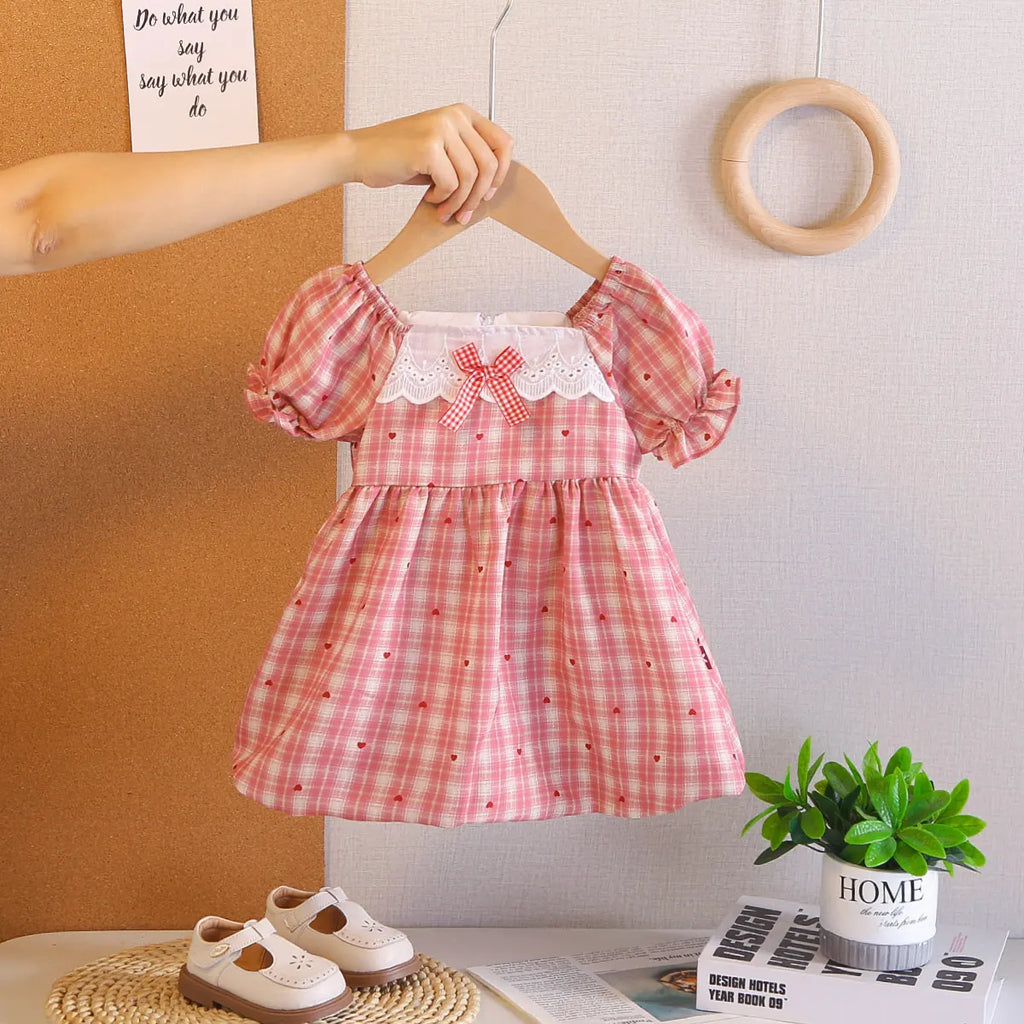 Girls Red Checked A-line Dress With Bow & Lace Trim Casual Dresses Red 1-2 Y