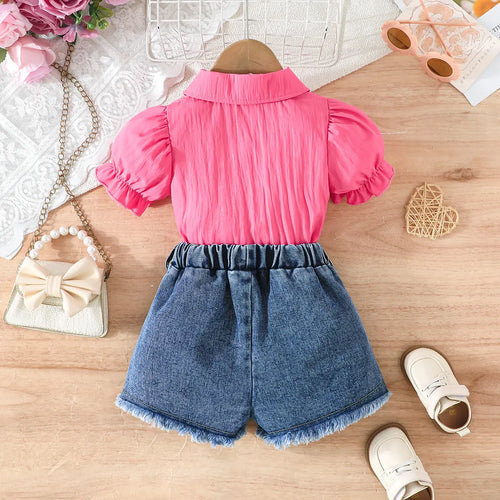 Girls Pink Heart Siroski Print Top With Denim Shorts Sets 2 pc. Sets