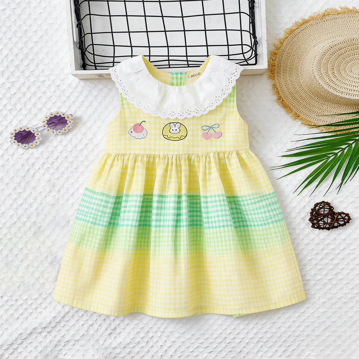 Girls Yellow Checked Bunny Embroidered Sleeveless Fit & Flare Dress Casual Dresses Yellow 1-2 Y