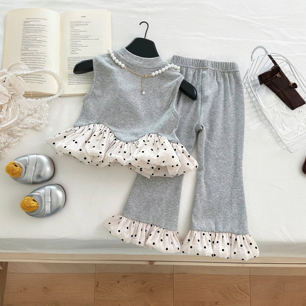 Girls Grey Pearl Embellished Peplum Ruffle Top With Pants Sets 2 pc. Sets