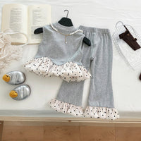 Girls Grey Pearl Embellished Peplum Ruffle Top With Pants Sets 2 pc. Sets
