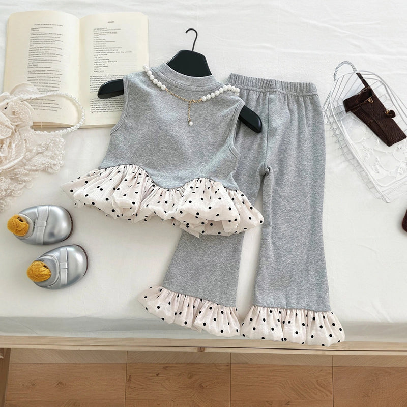 Girls Grey Pearl Embellished Peplum Ruffle Top With Pants Sets 2 pc. Sets